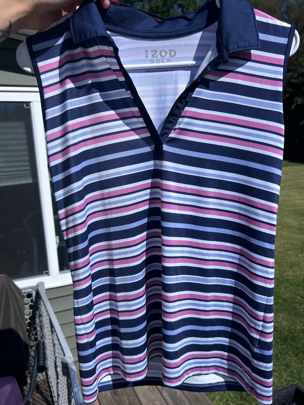 IZOD Golf Striped Sleeveless Polo Top Navy Pink Purple Small